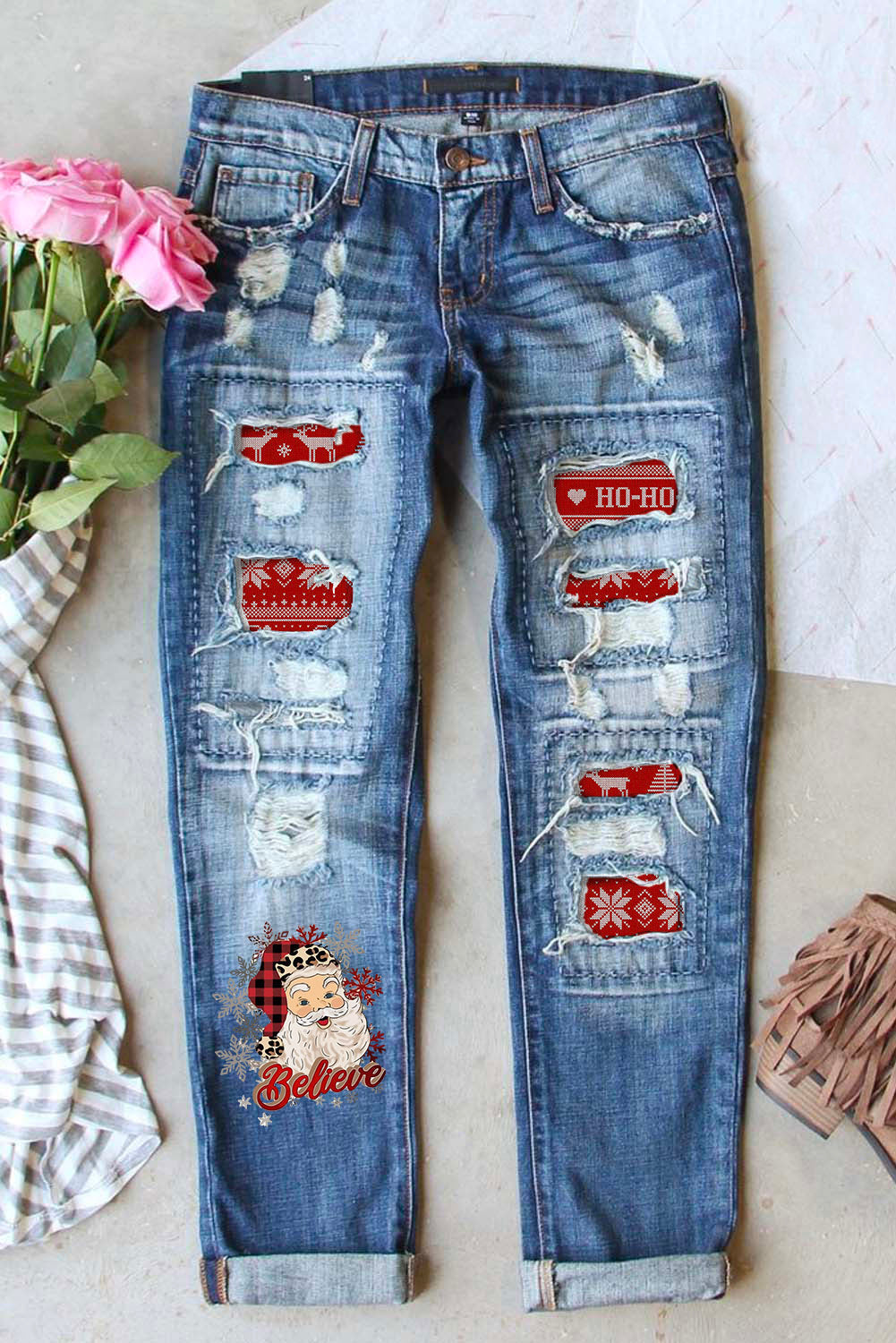 Women's Santa Claus Pattern Boyfriend Jeans