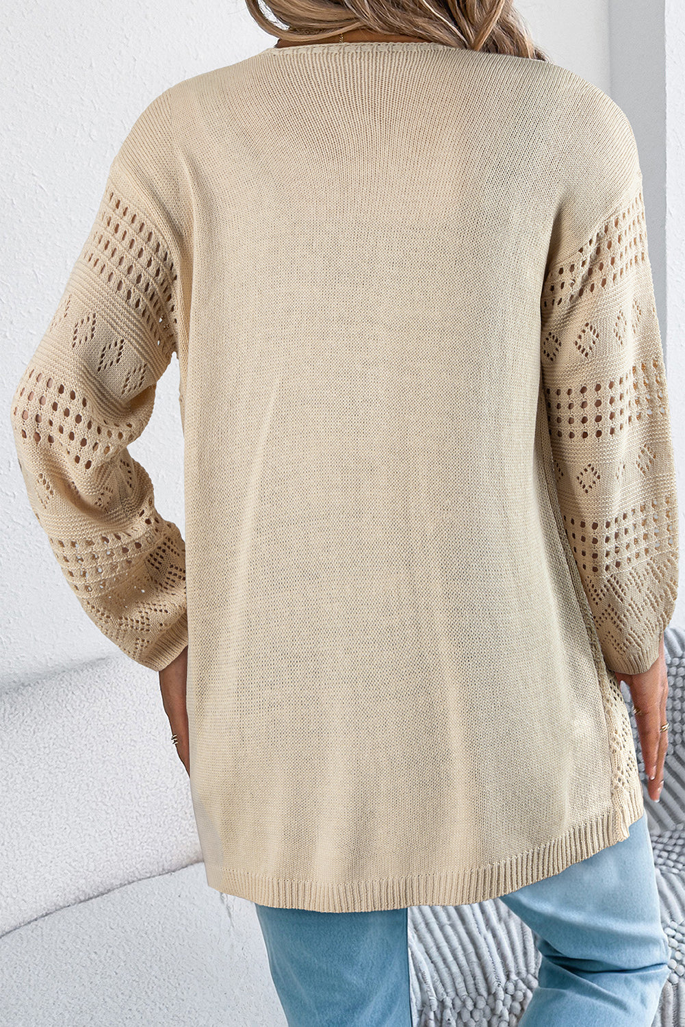 Hollowed Cardigan Knit Open-Front Knit Top in Smoke Gray
