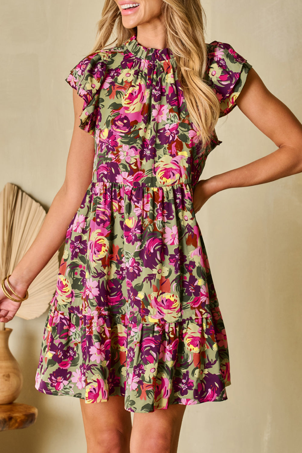 Women's Dresses with Frill-Trimmed Neck Mini Flutter Sleeve