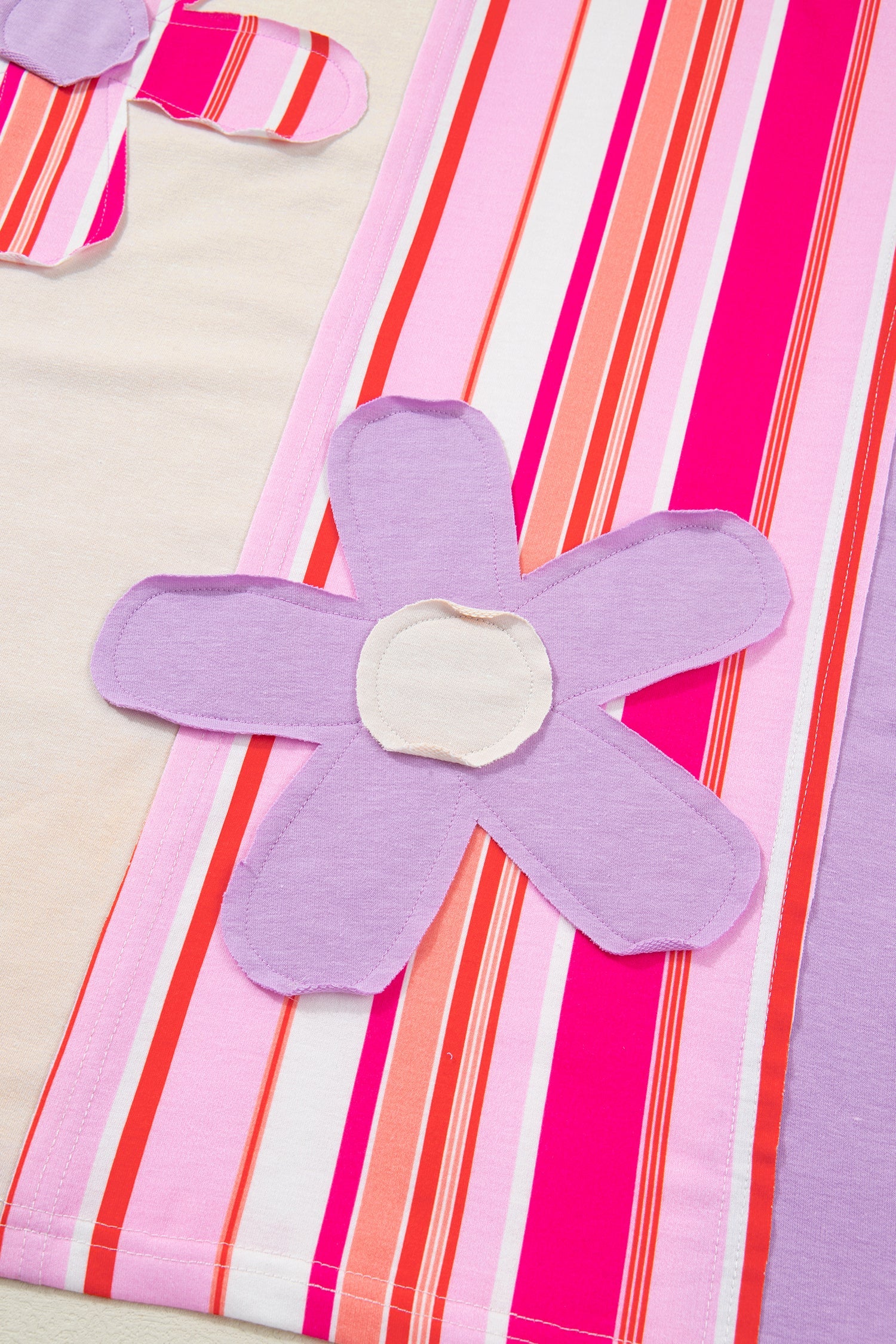 Striped Colorblock Flower Patched Half Sleeve Loose Top