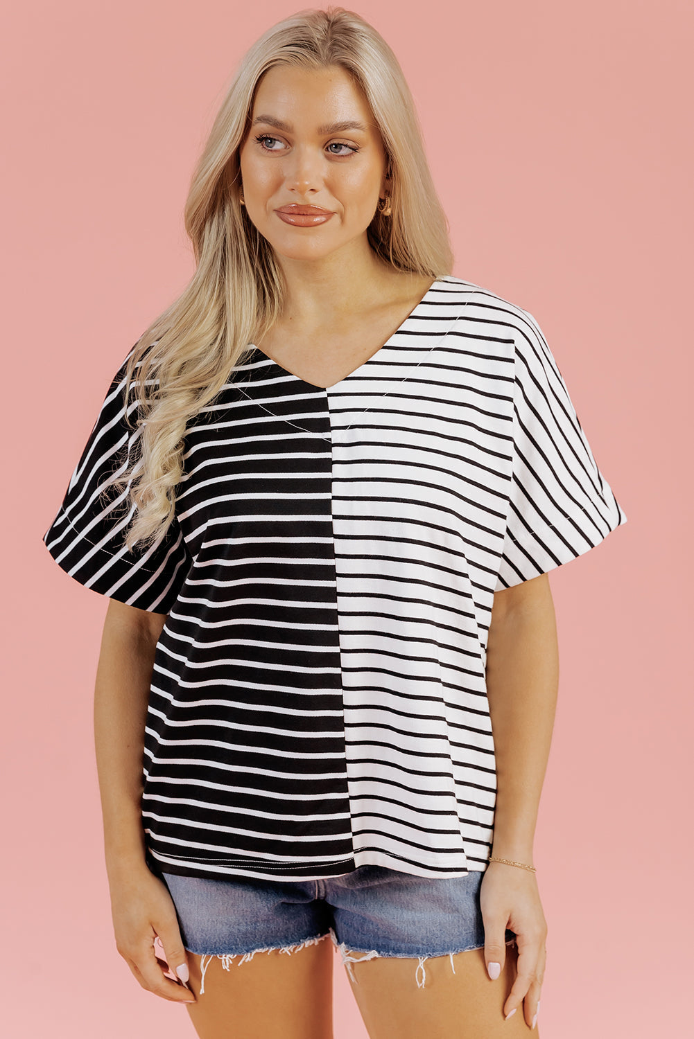Two Tone Colorblock V Neck T Shirt