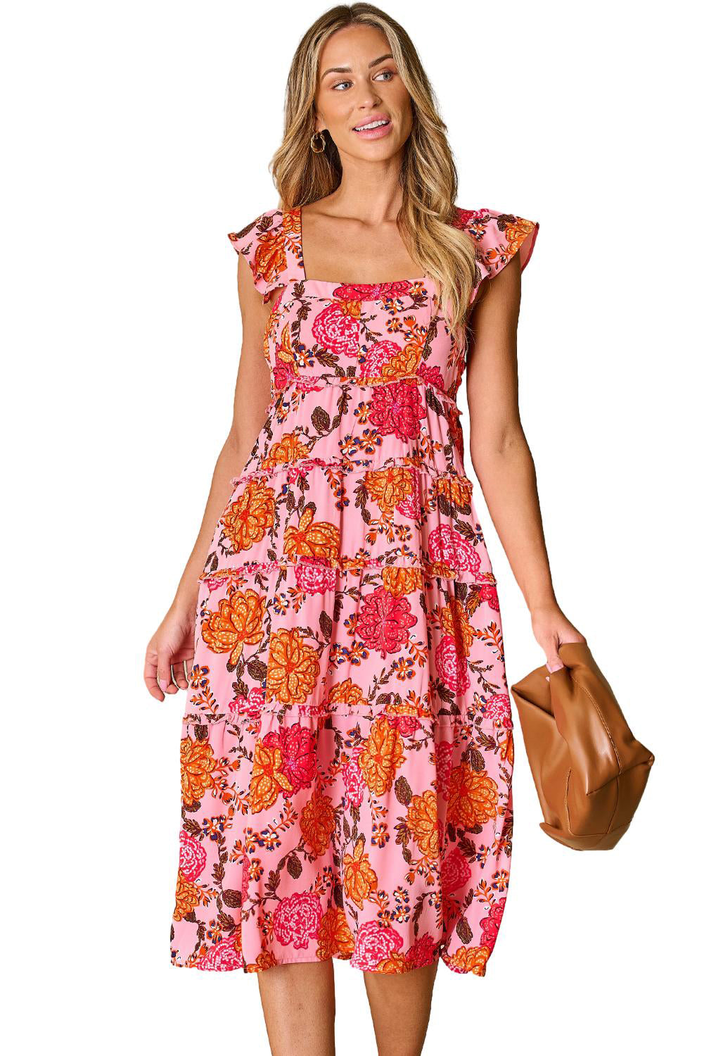 Midi Dress for Women Ruffle-Trimmed Layered Floral-Print