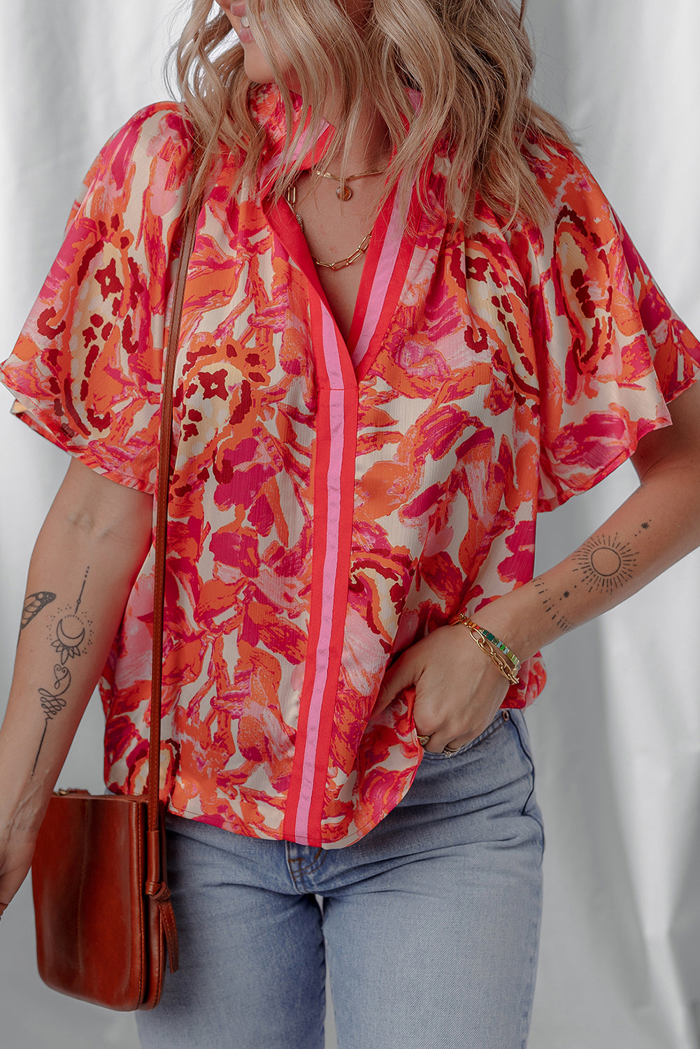 Striped Abstract Print Trim Split Neck Blouse