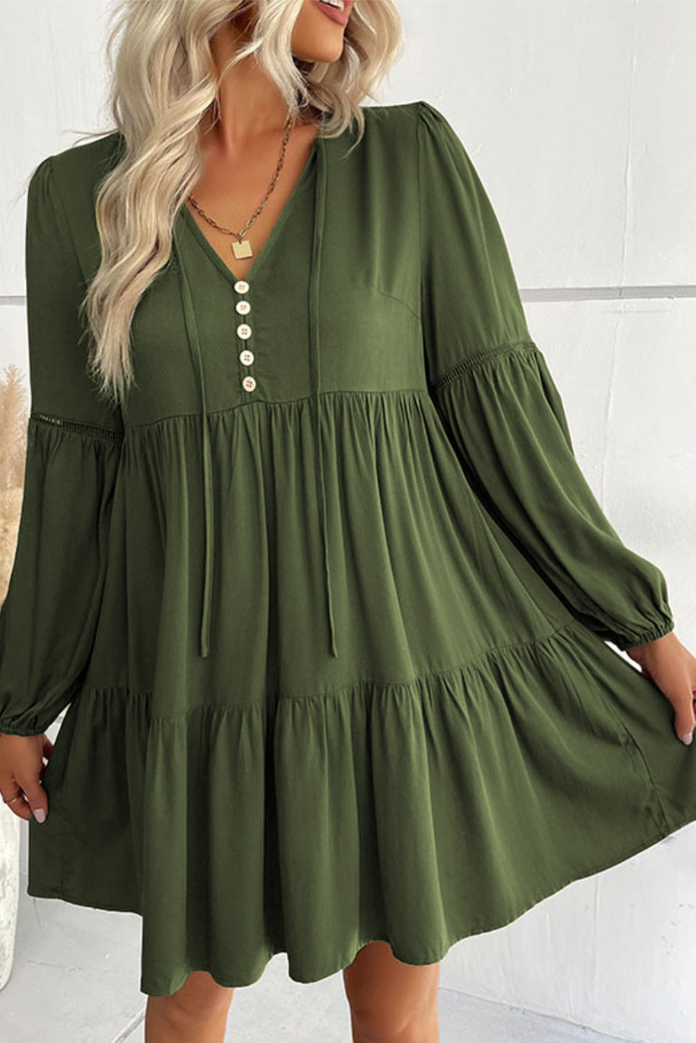 Women's Mini Dress with Layered Ruffle-Trimmed Lace-Trimmed Balloon Sleeve
