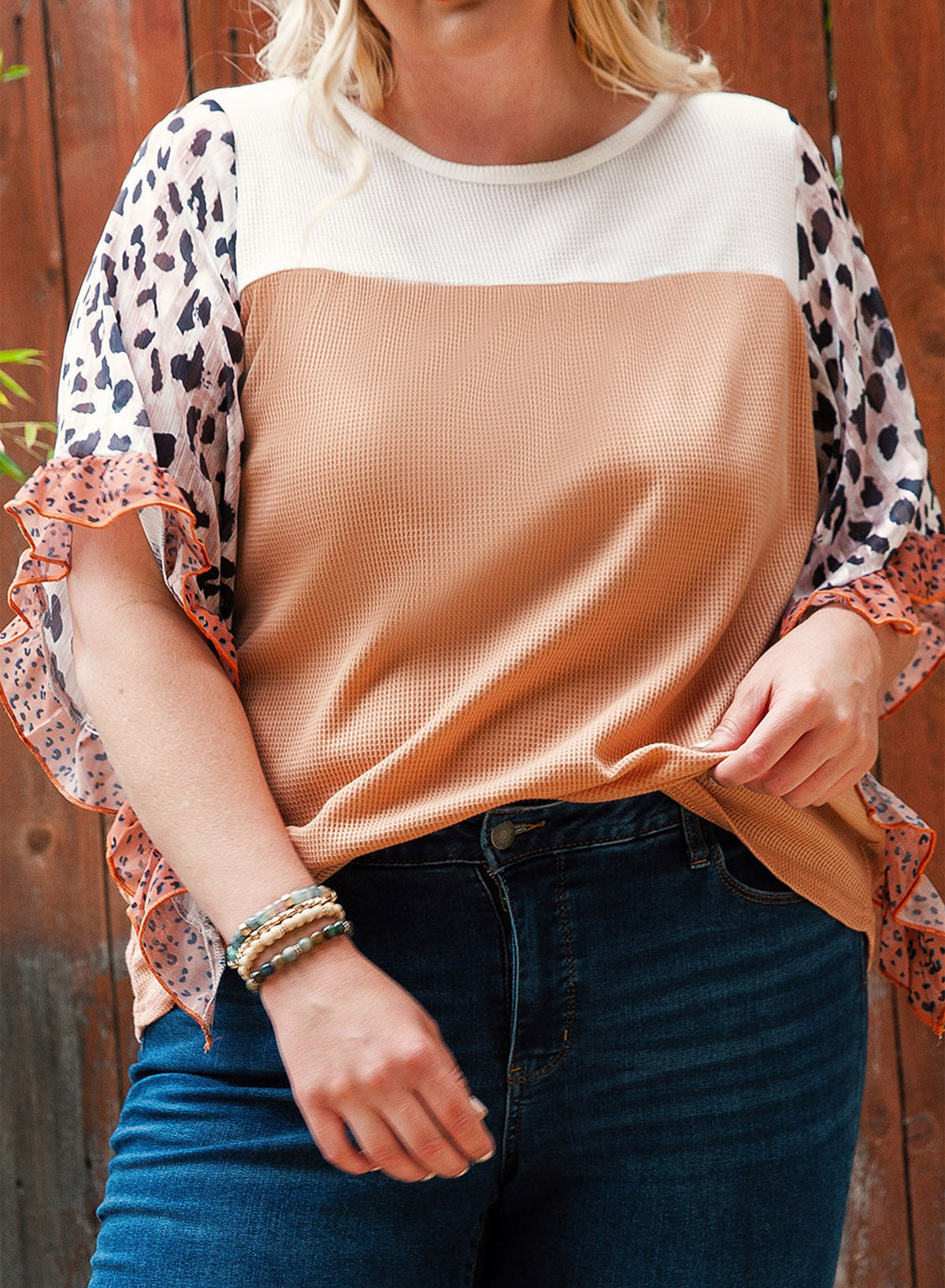 Top for Women Ruffle-Trimmed Plus Size Waffle Knitted