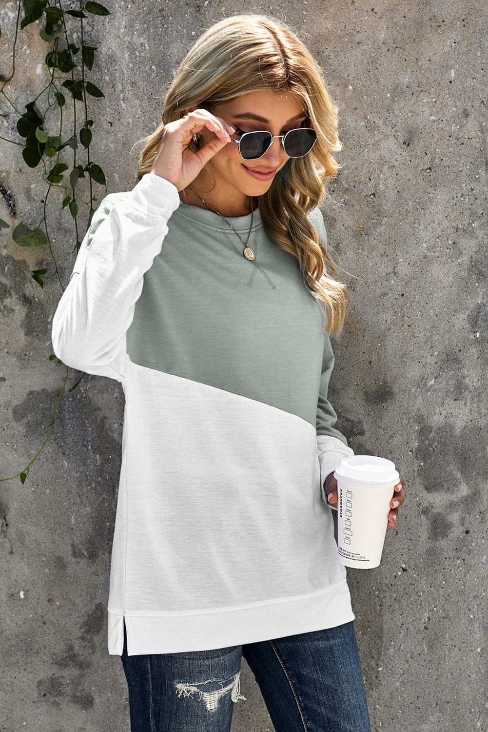 Women's Sleeve Gray White Patchwork Dropped Shoulder Sweatshirt