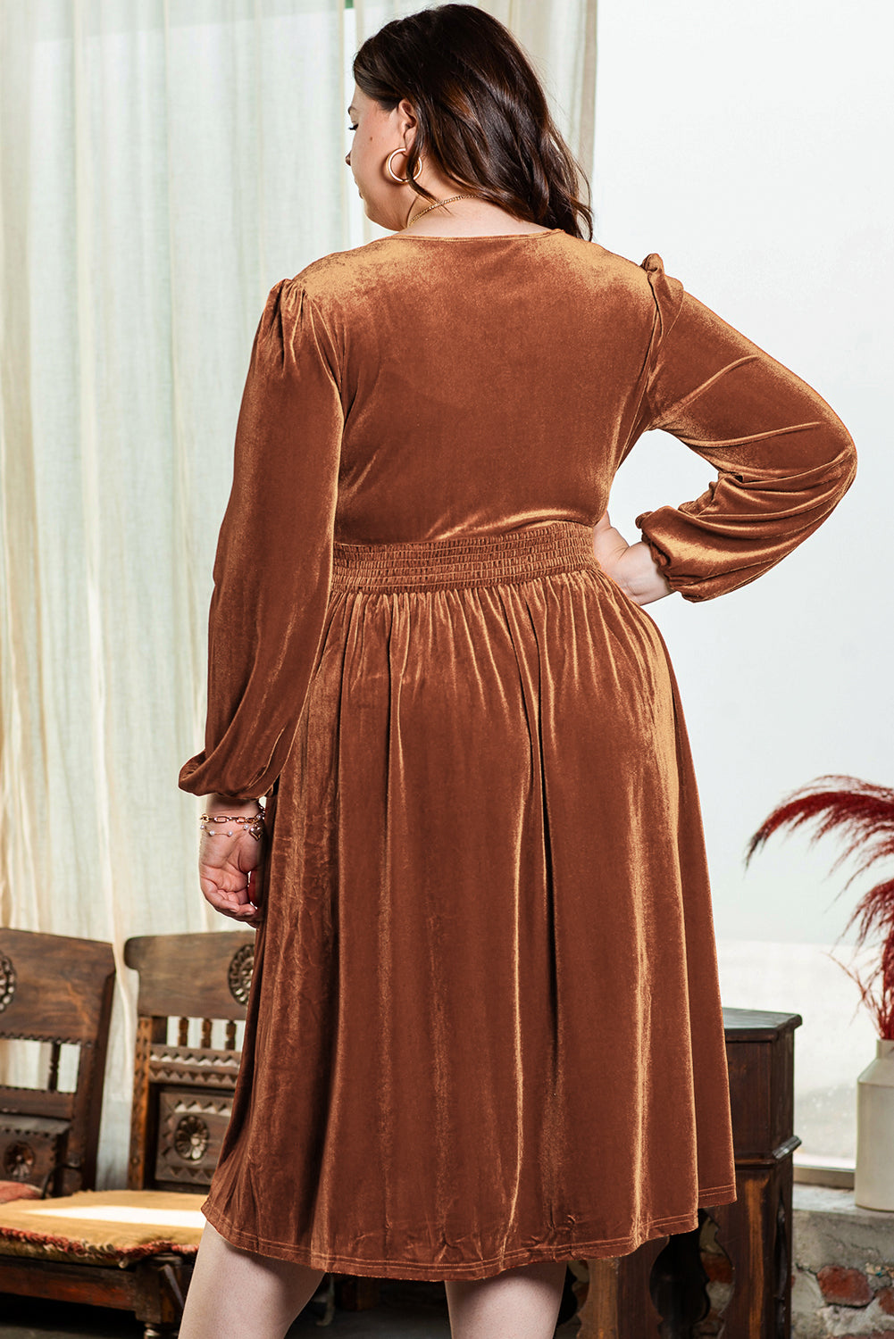 Women's Dress with Balloon Sleeve Velvet Plus Size