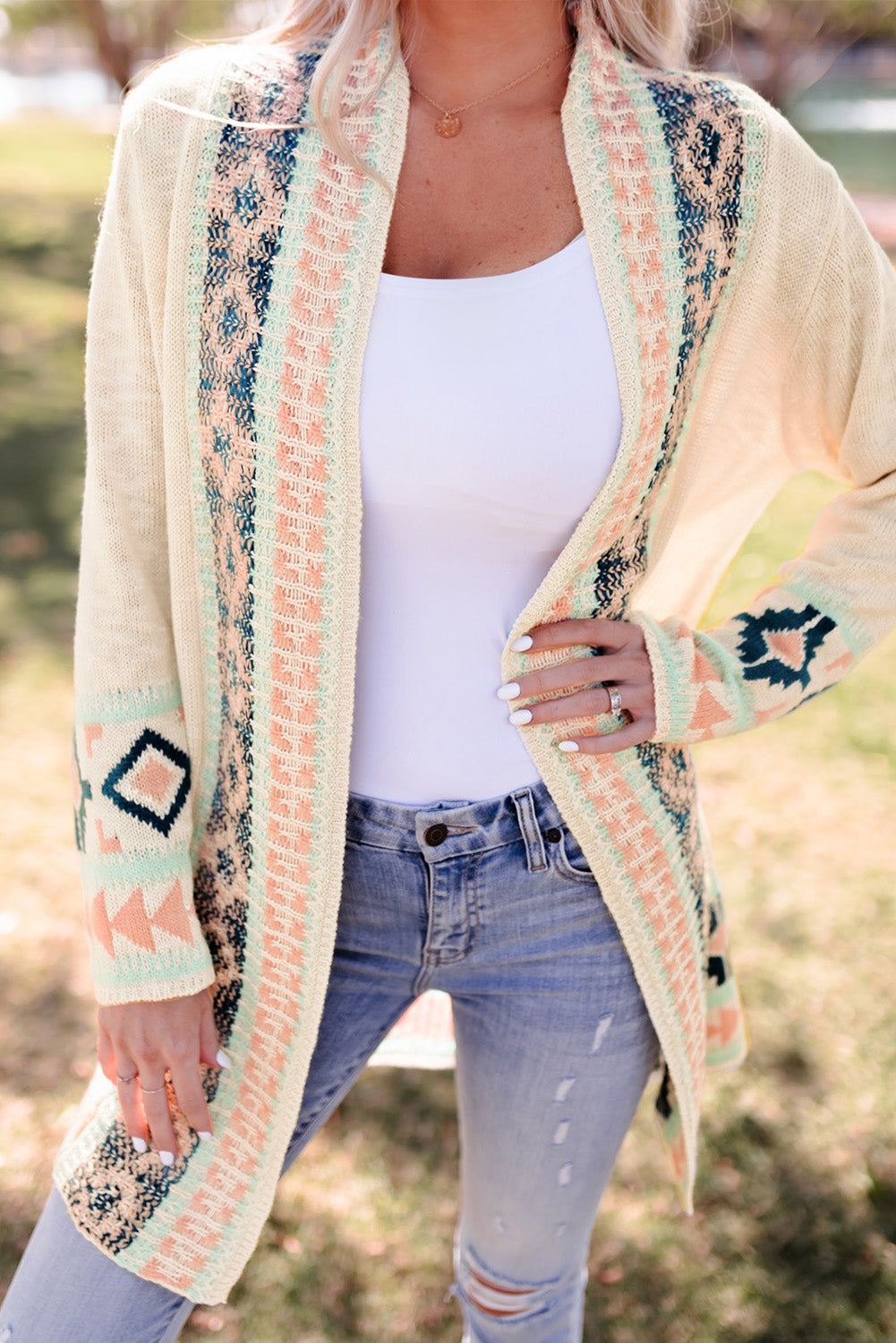 Women's Aztec Khaki Western Print Open Front Cardigan