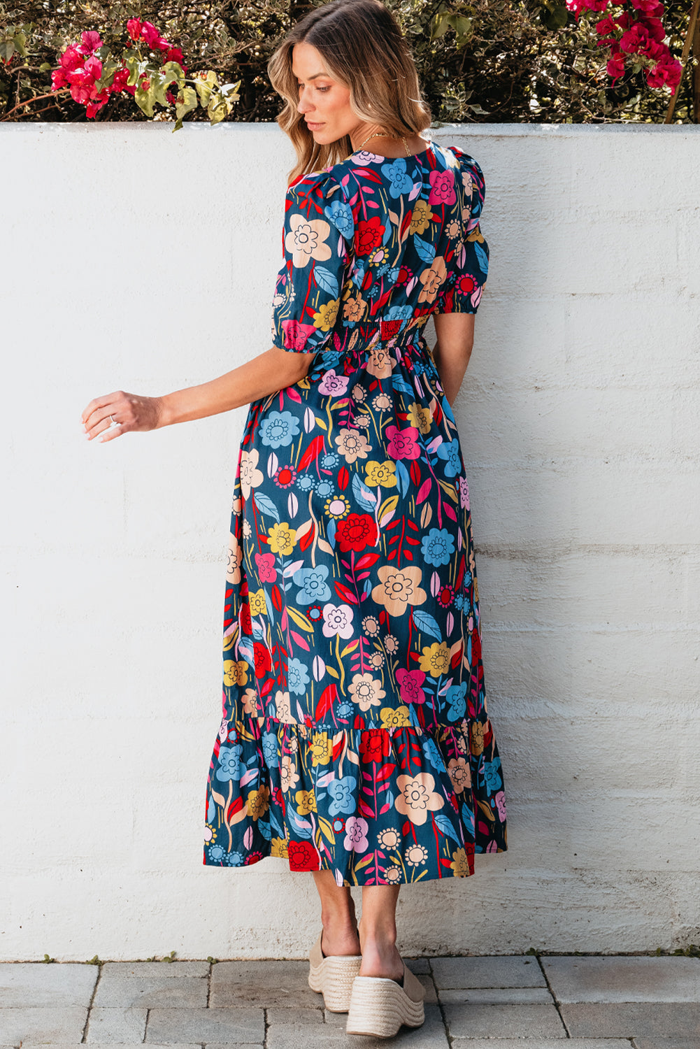 Women's Maxi Dress Featuring Retro Floral-Print Split Neck