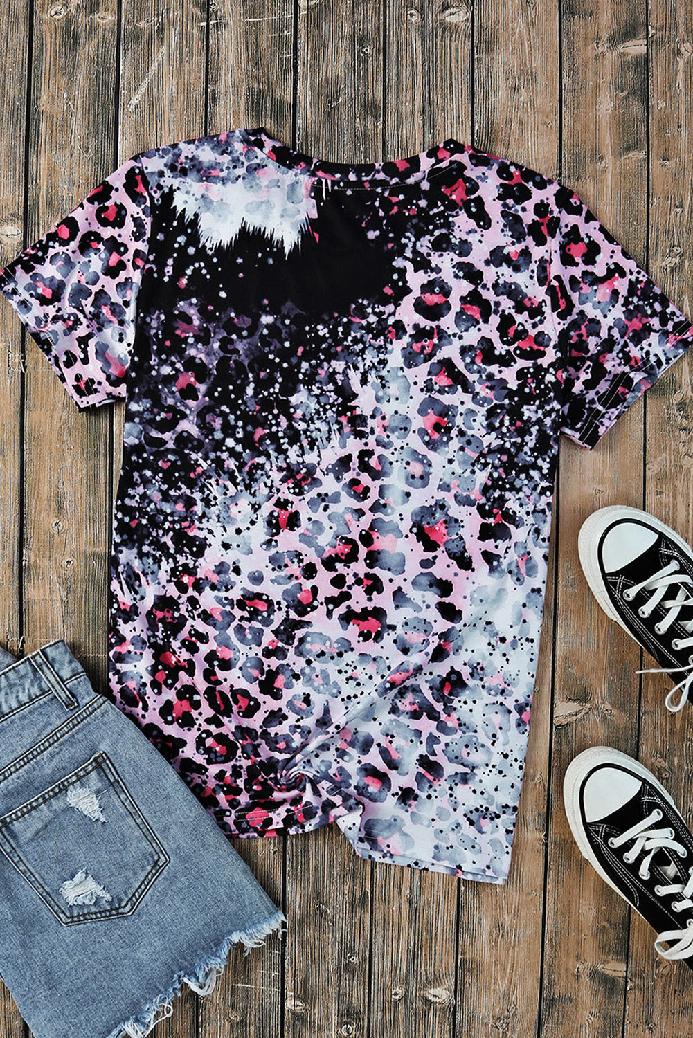 Women's Tee Featuring Dyed Bleached Blank Leopard-Print