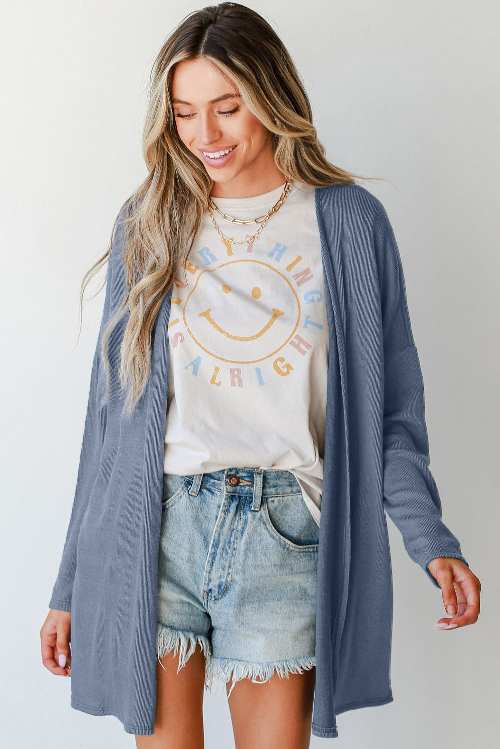 Solid Rib-Knit Open-Front Tunic Cardigan in Ashleigh Blue