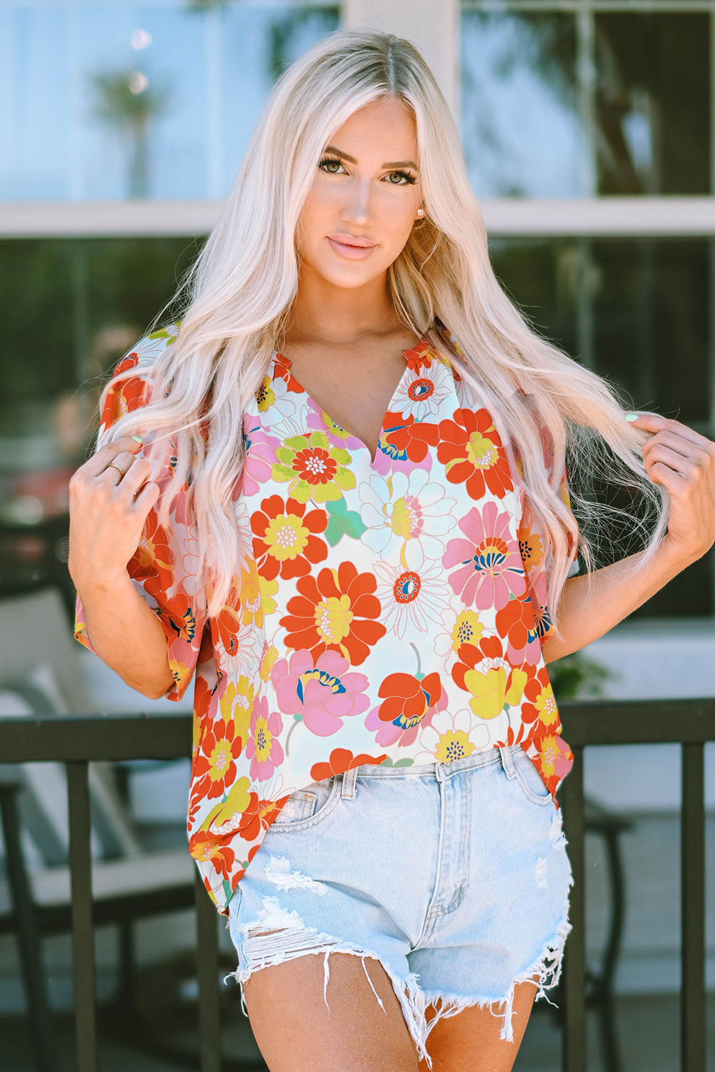 Women's Blouse with Half Sleeve Abstract Print V Neck
