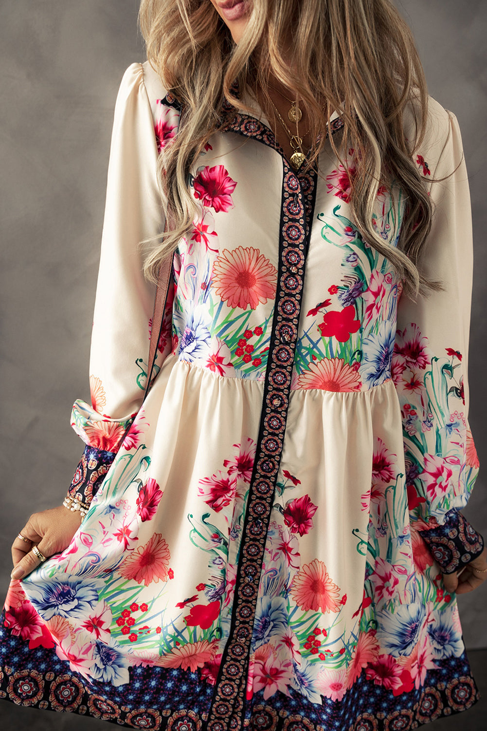 Women's Mini Dress Featuring Floral-Print High-Rise Shirt