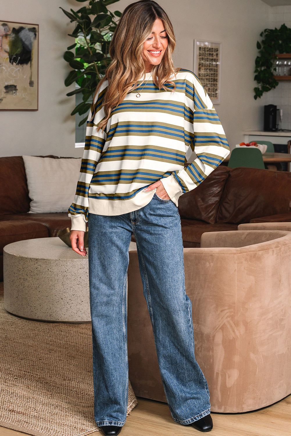 Crew-Neck Drop-Shoulder Pullover Sweatshirt