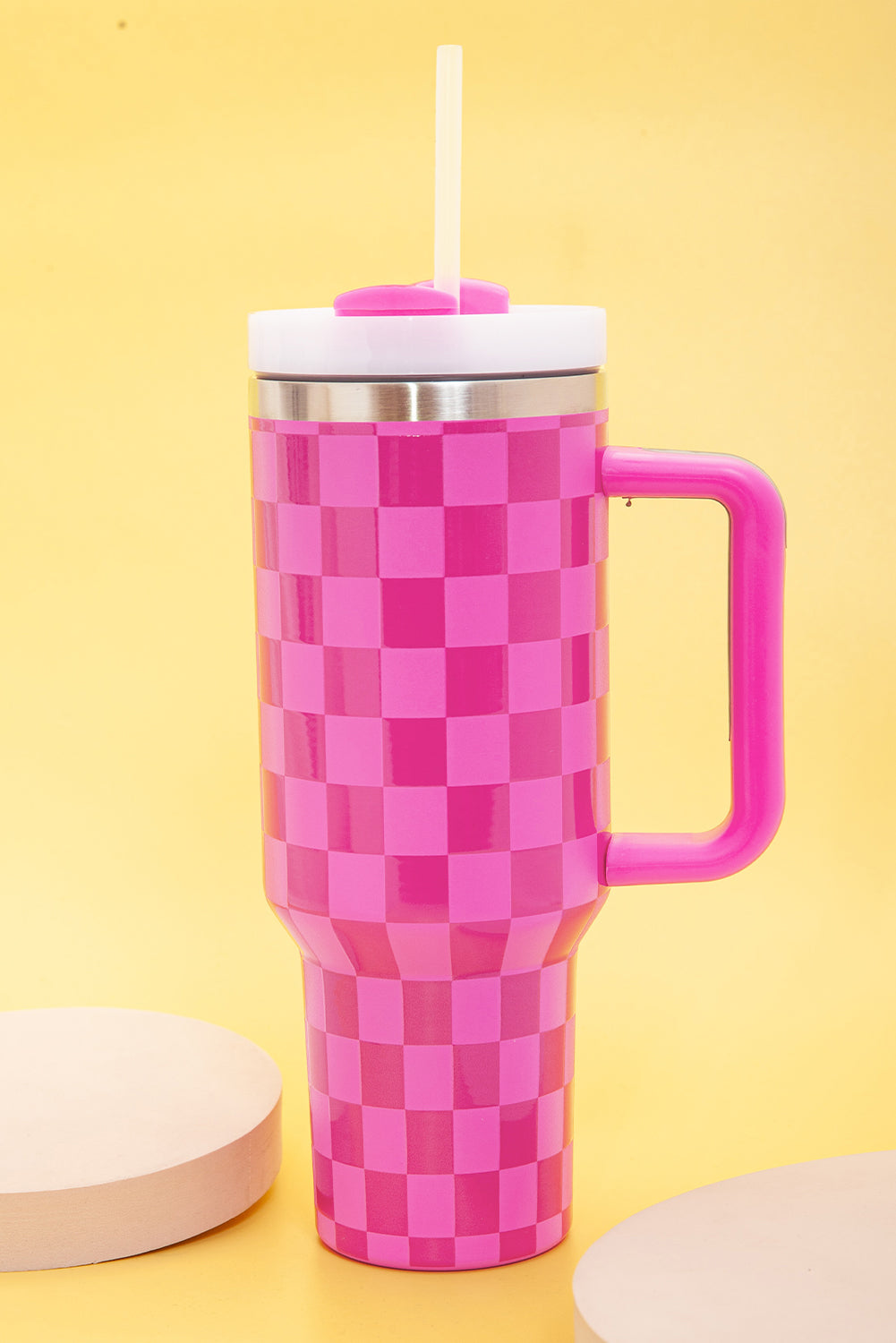 Handled Checkered Print Stainless Steel Tumbler Cup 40oz
