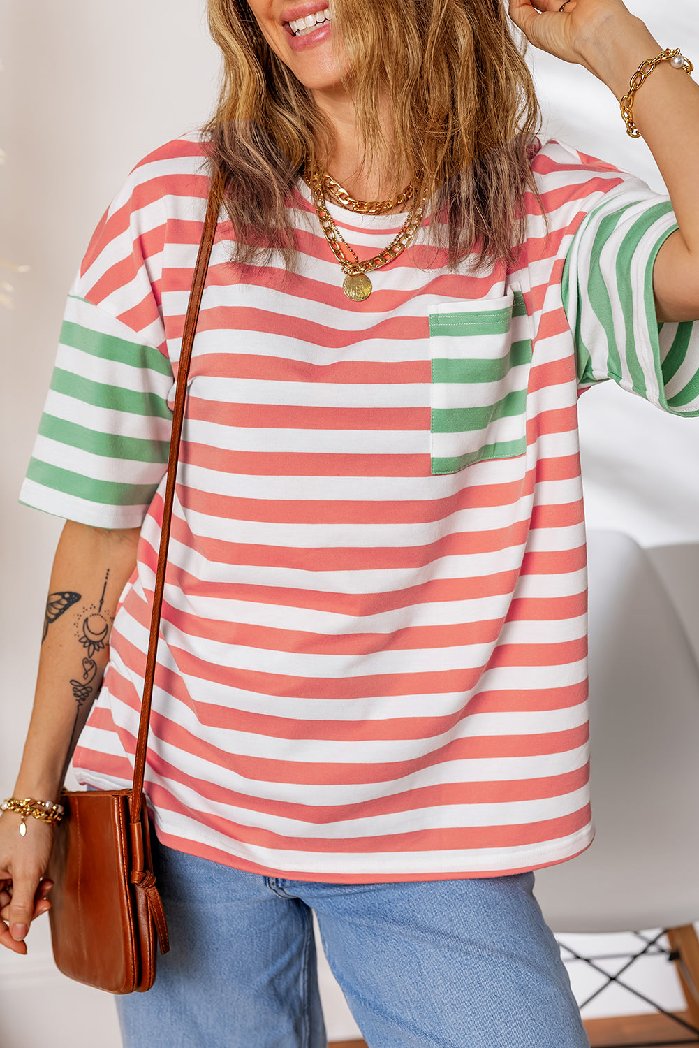 Summer Pink Stripe Drop-Shoulder Everyday T Shirt