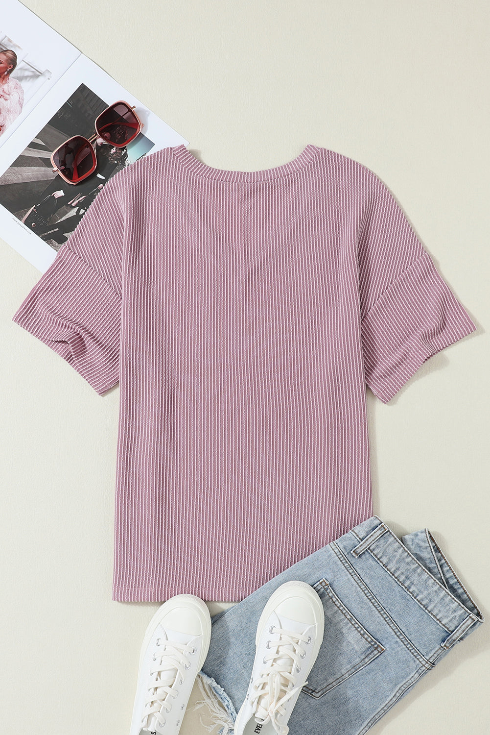 V-Neck Chest Corded Chest Pocket Loose T-shirt