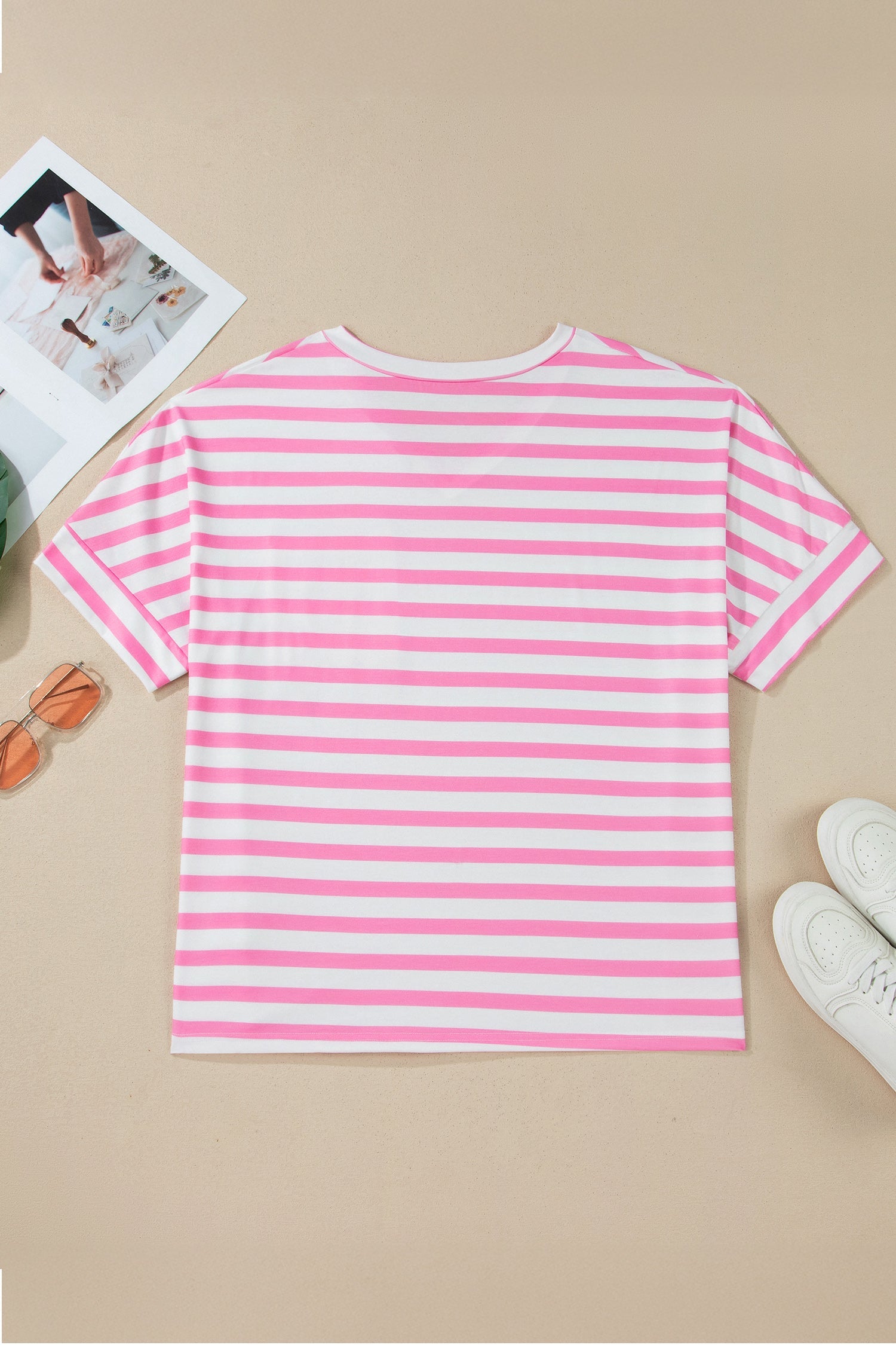 Patched Pocket Stripe Pocket V-Neck Plus Size Tee in Pink
