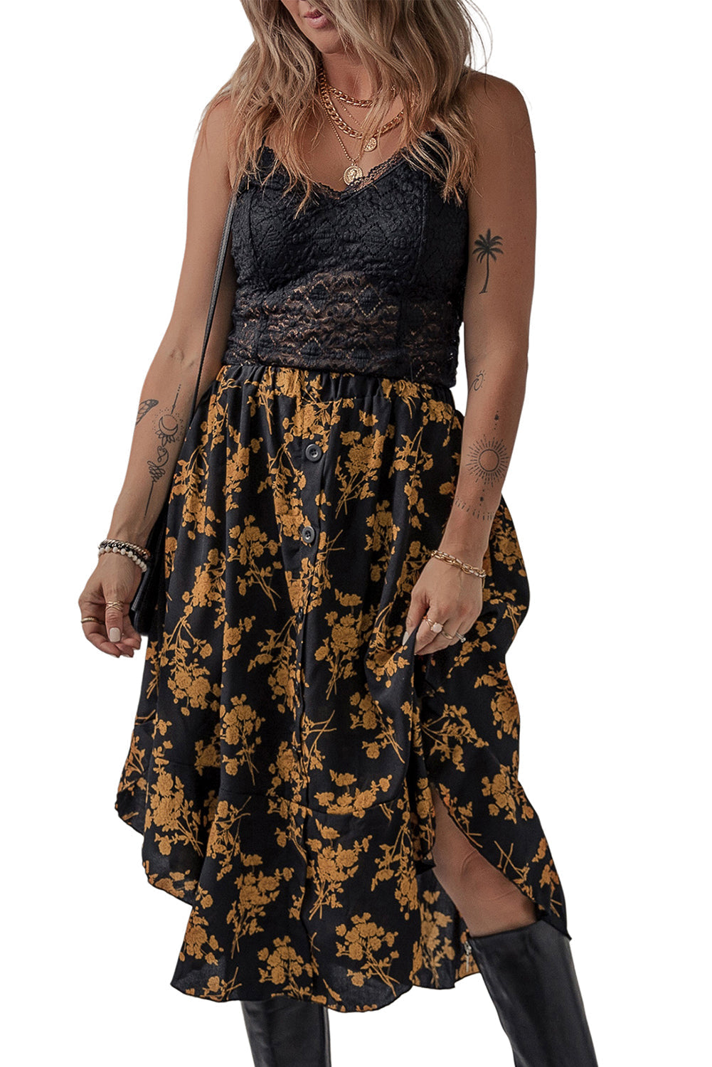 Women's Skirt Featuring Elastic Waist Floral-Print Ruffle-Trimmed