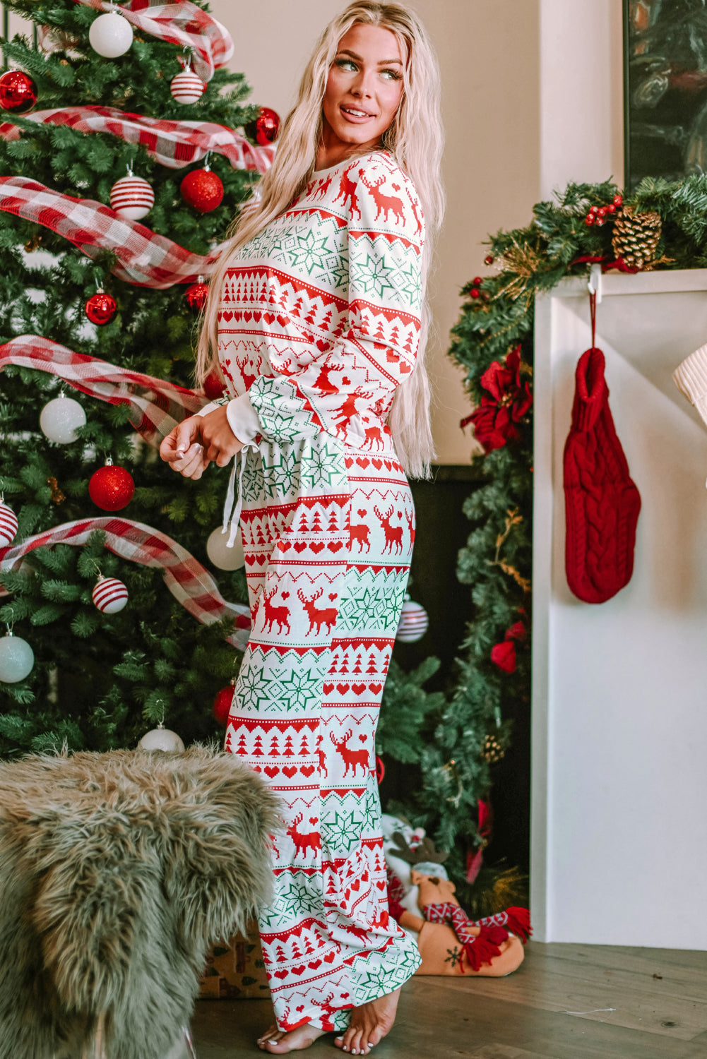 Print Pullover Christmas Pullover and Pants Lounge Set