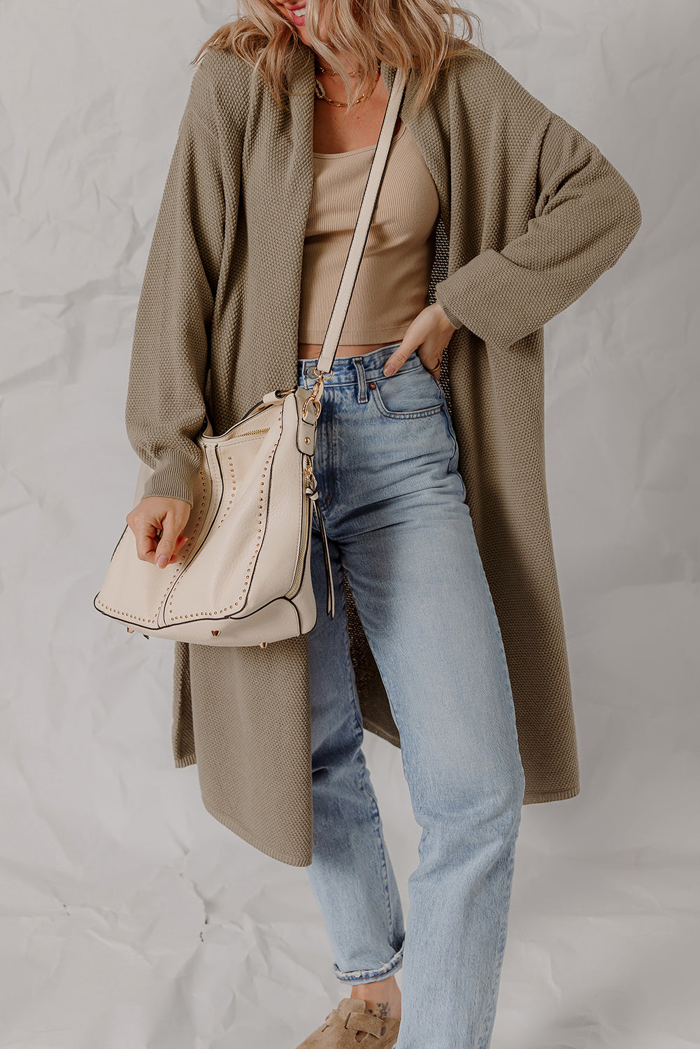 Textured Knit Solid Knit Open-Front Oversize Midi Cardigan Knit Top