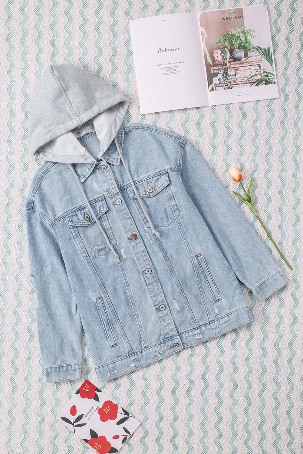 Women's Ripped Hooded Button Closure Denim Jacket