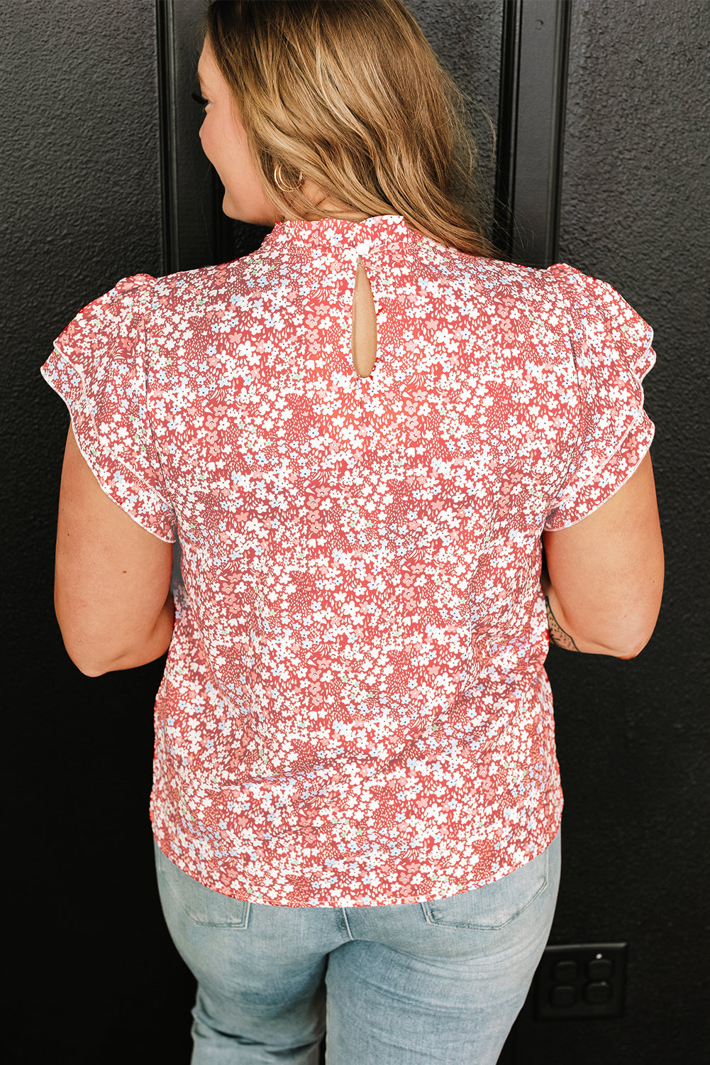 Women's Blouse Featuring Frill-Trimmed Neck Plus Size Floral-Print
