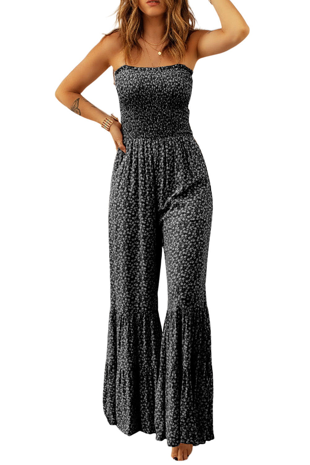 Jumpsuit for Women Straps Bodice Wide-Leg Floral-Print