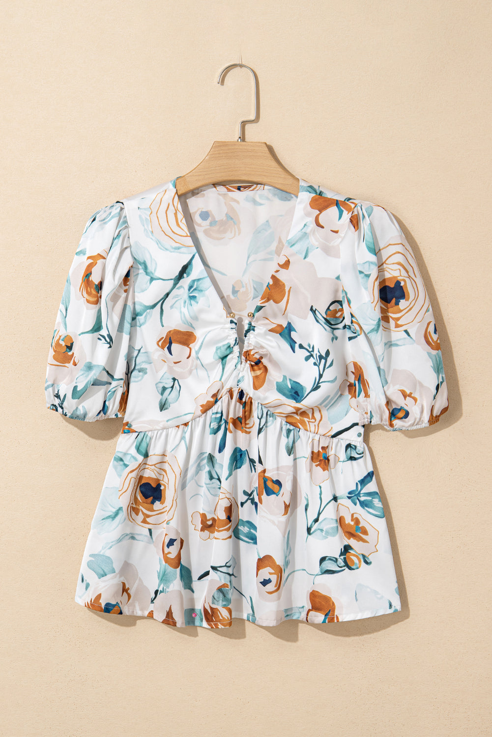 Floral-Print Puff Sleeve V-Neck Babydoll Blouse