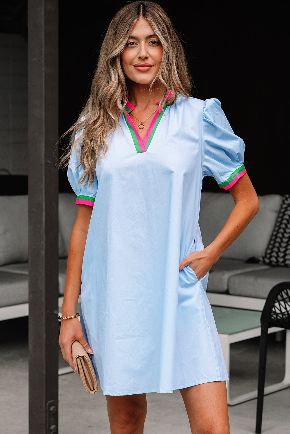Contrast V-Neck Striped Notched Puff Sleeve Mini Dress