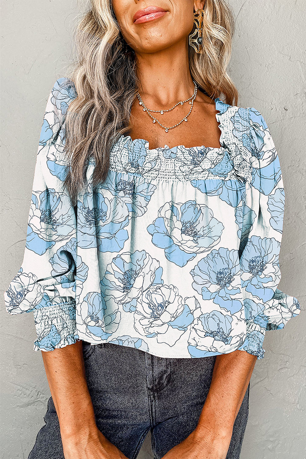 Floral-Print Frilly Smocked Square Neck Long-Sleeved Blouse