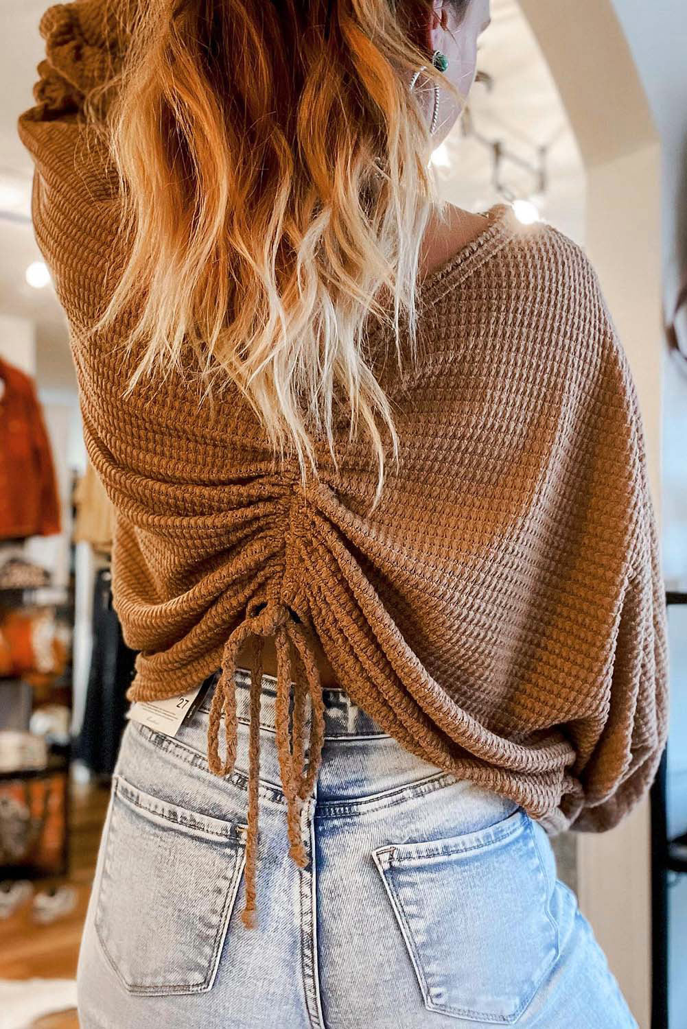 Knit Top for Women Drawcord Waffle V Neck