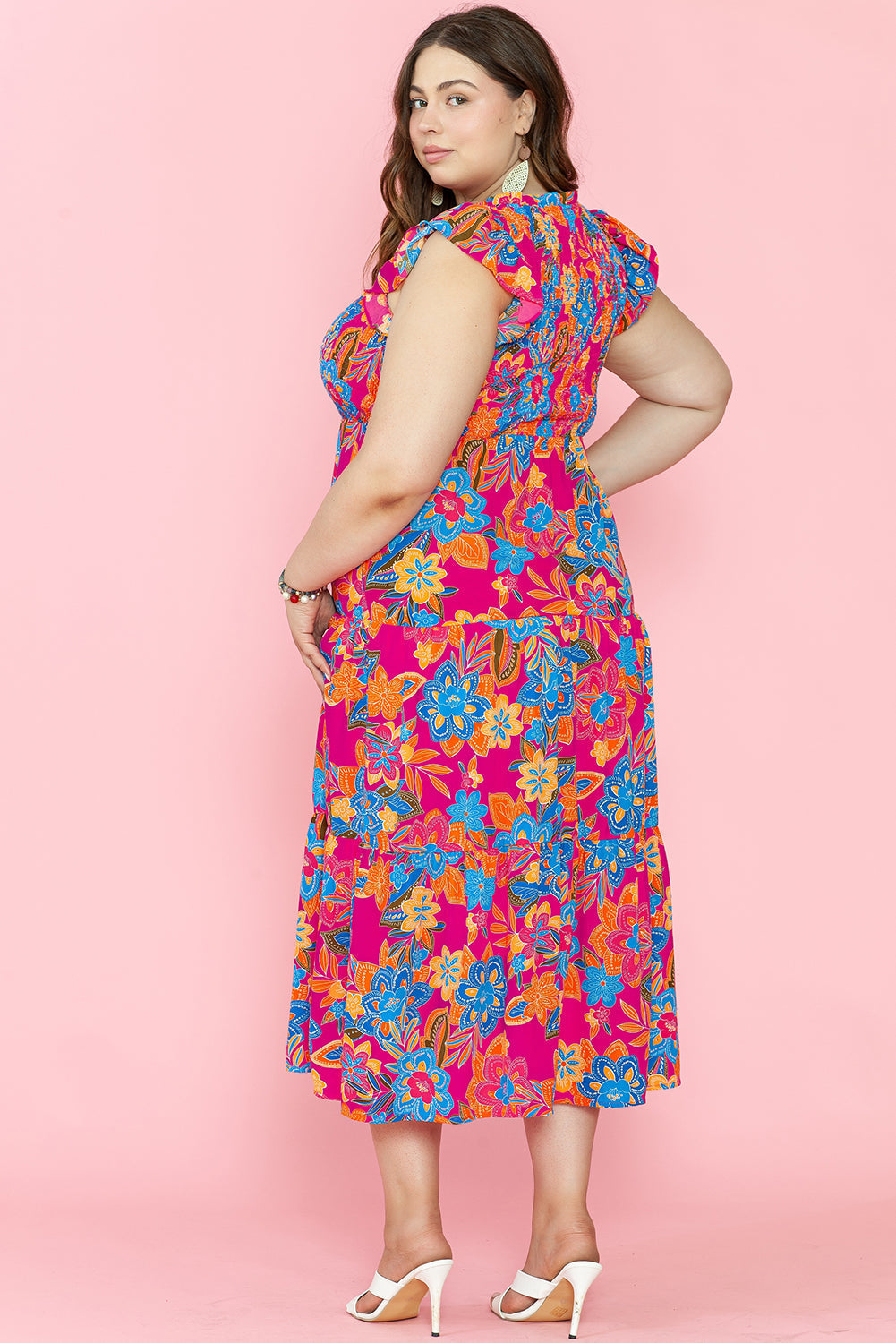 Women's Dress with Ruffle-Trimmed Sleeveless Plus Size Floral-Print