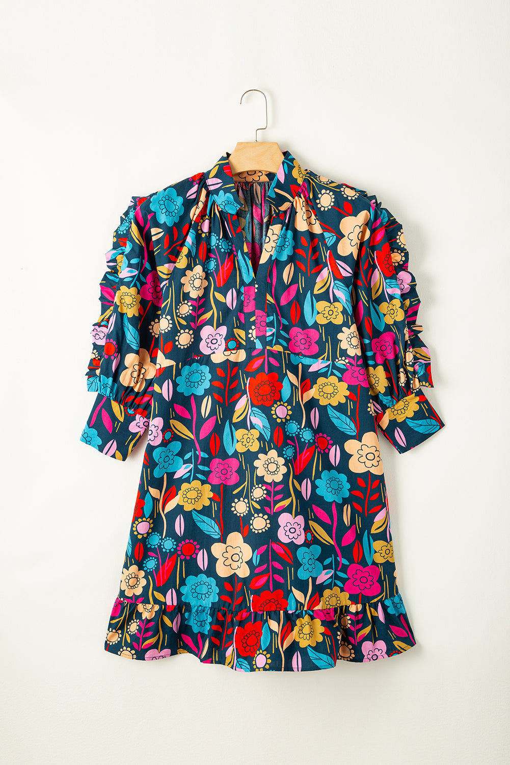 Women's Balloon Sleeve Ruffle-Trimmed Mini Floral-Print Print Dresses
