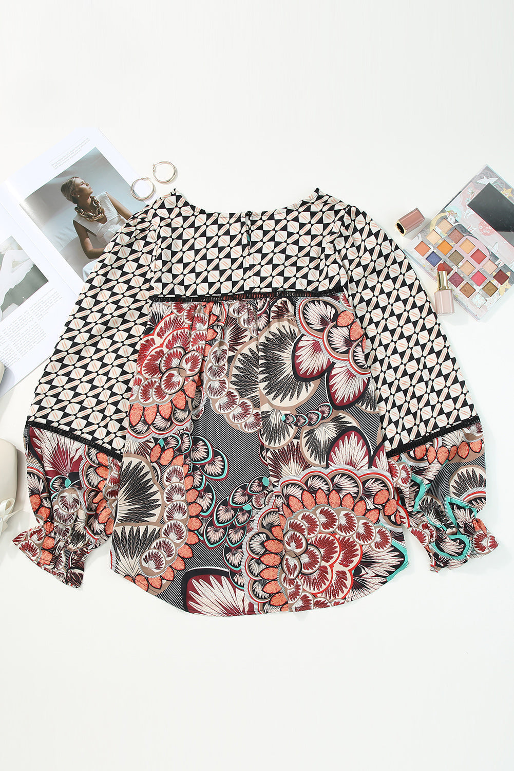 Blouse for Women Print Ruffle-Trimmed Long-Sleeve