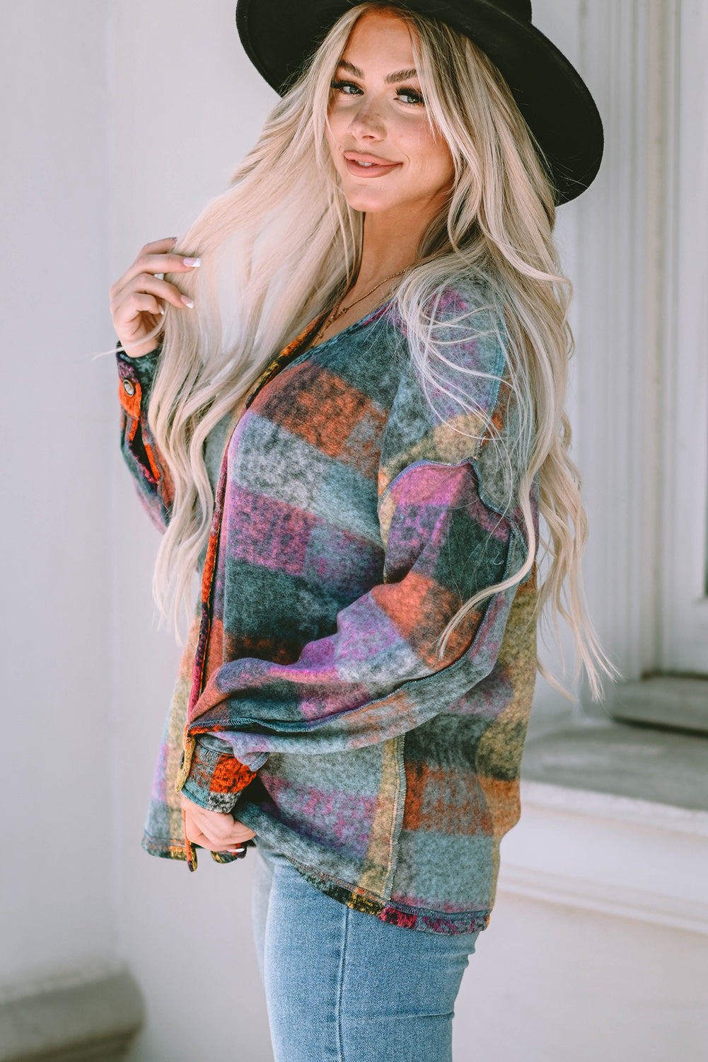 Jacket for Women Button-Front Block Brushed Checked Western
