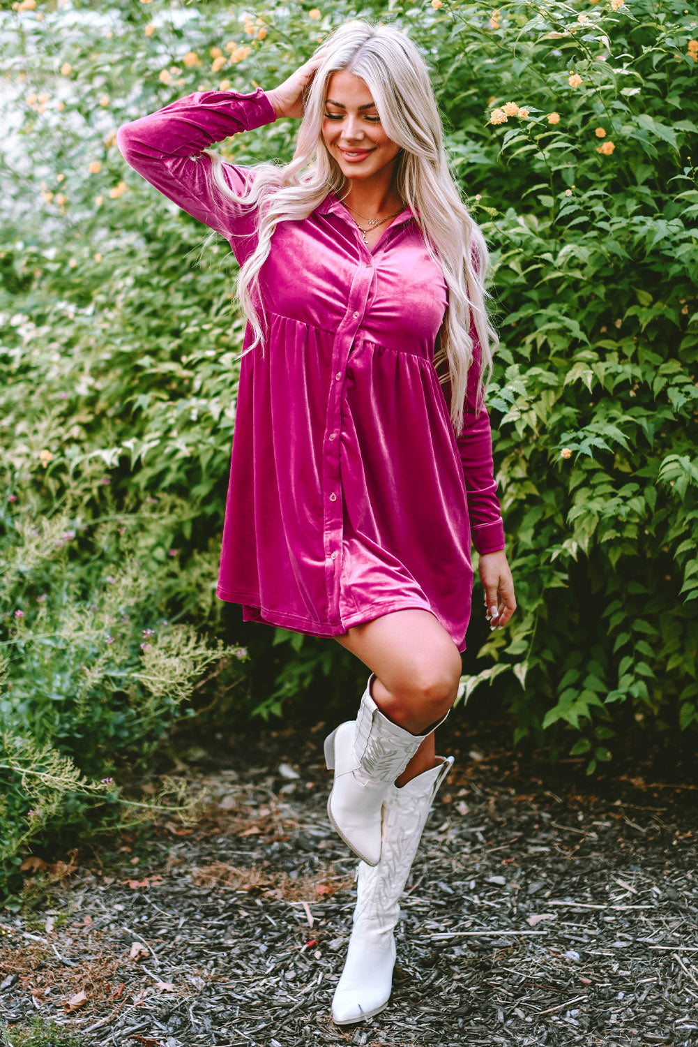 Women's Button Up Ruffle-Trimmed Velvet Dress