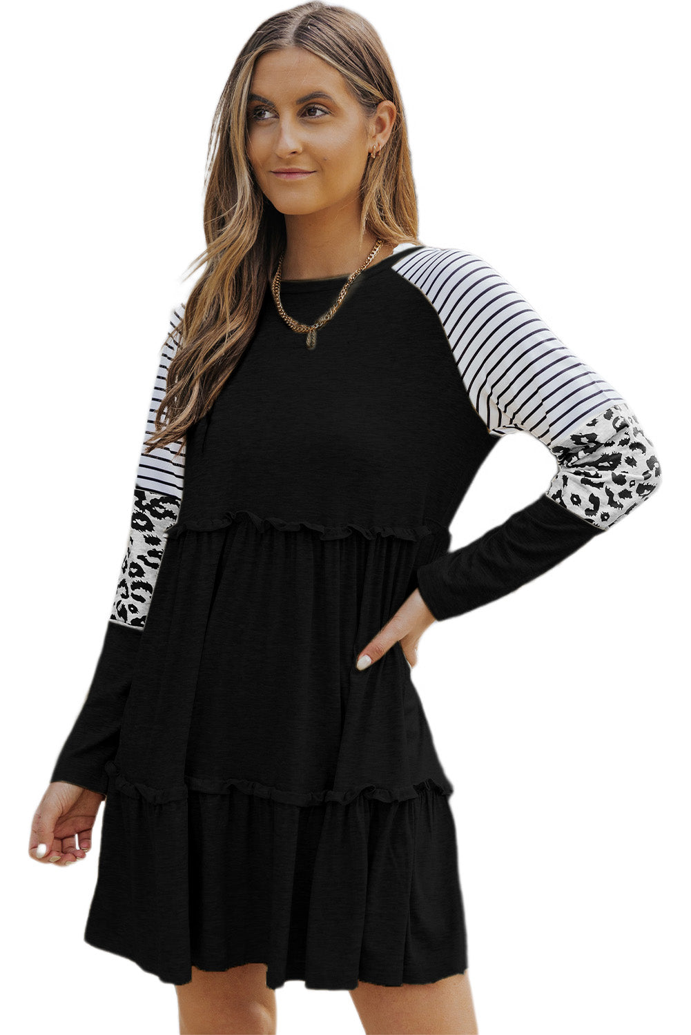Women's Mini Dress Featuring Striped Long-Sleeve