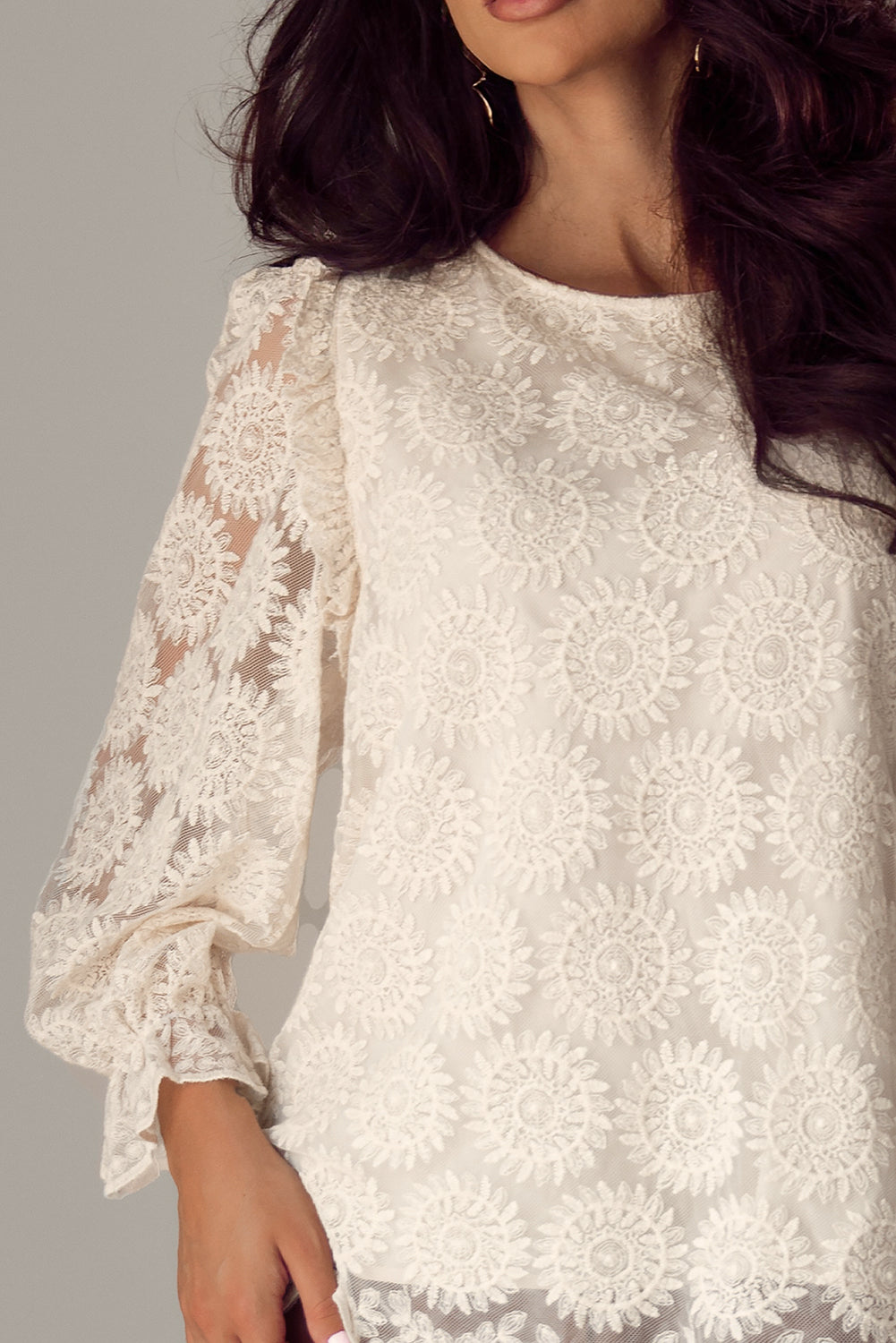 Women's Blouse with Ruffle-Trimmed Three-Quarter Sleeve Button Back