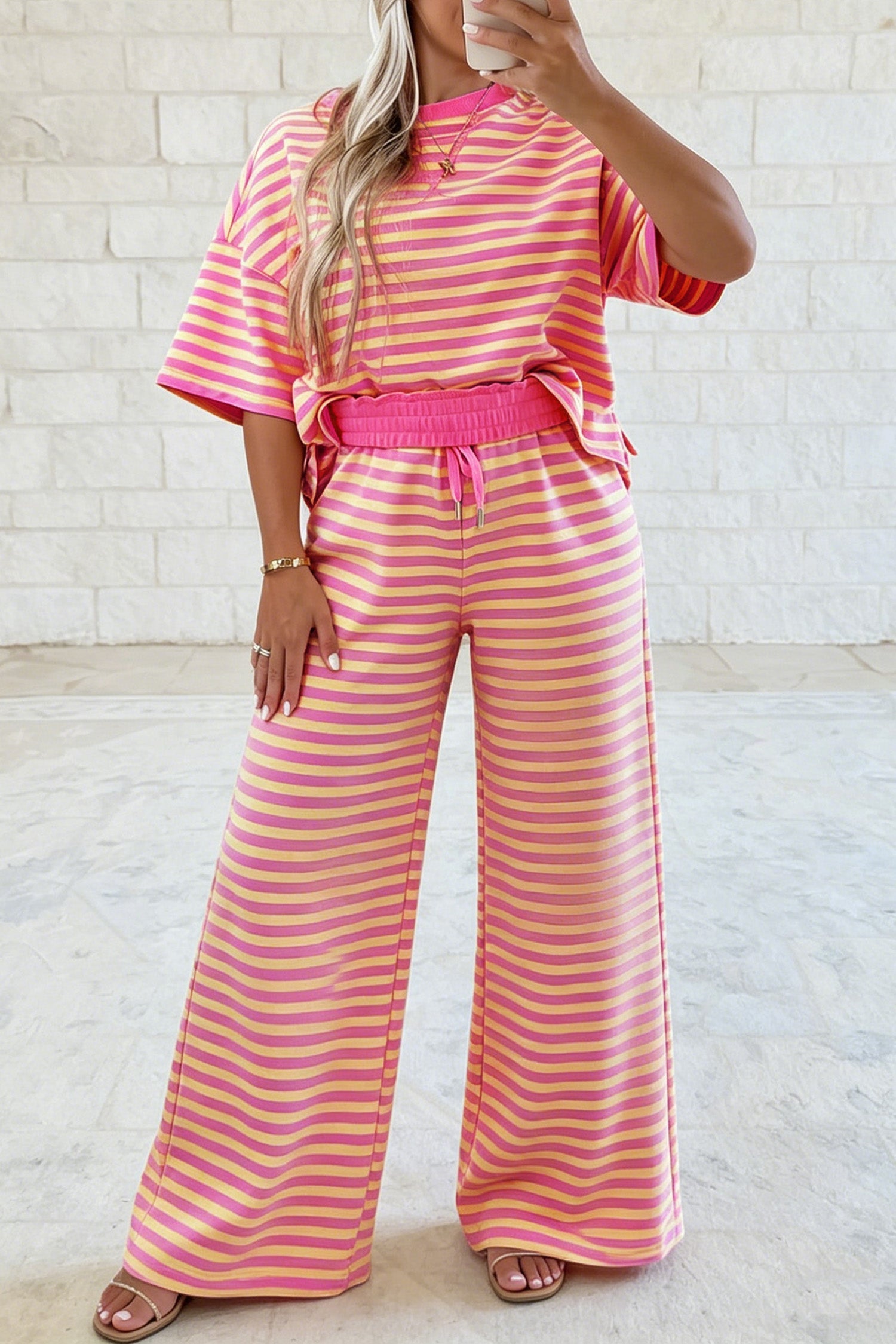 Stripe Colorblock Trim Crew-Neck Loose Tee Drawcord Elastic Waist 2pcs Pant Set in Pink