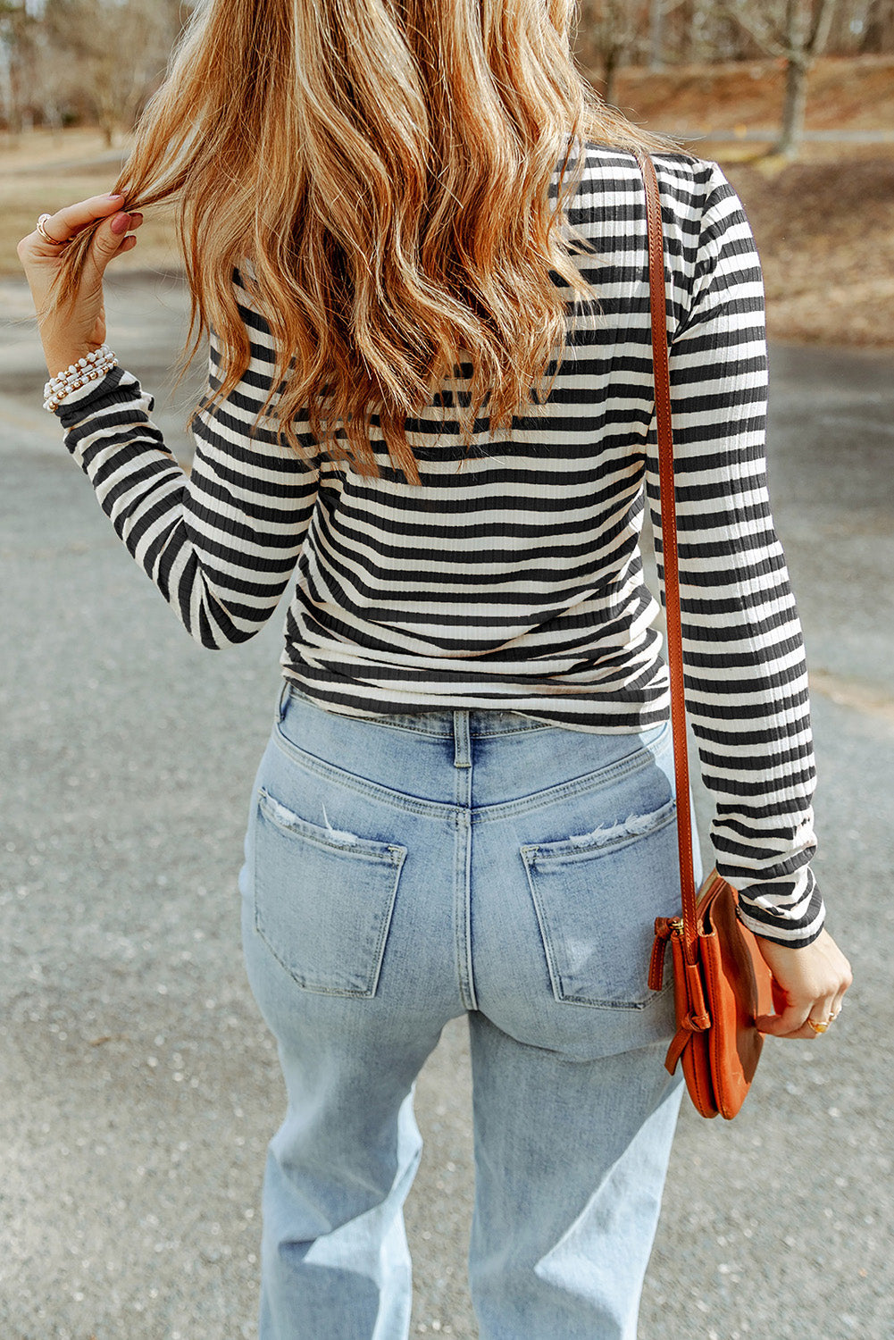 Women's Tee with Long-Sleeve Striped Textured Knitted