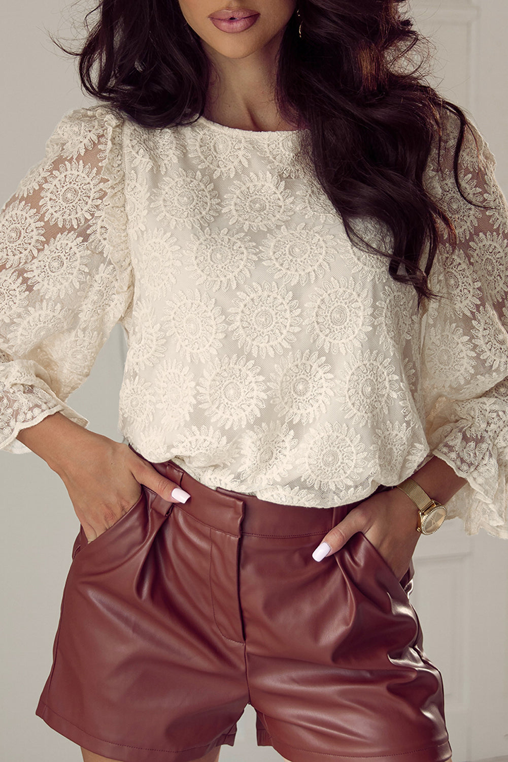 Women's Blouse with Ruffle-Trimmed Three-Quarter Sleeve Button Back