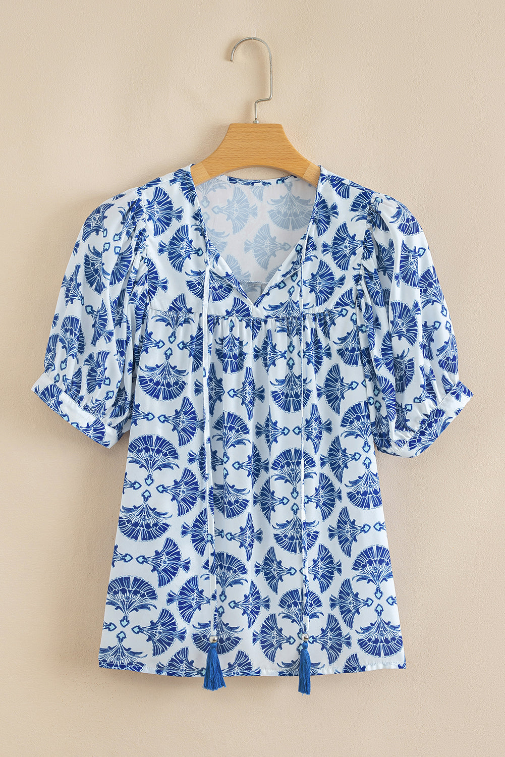 Geometric Drawcord Print Tassel V-Neck Blouse