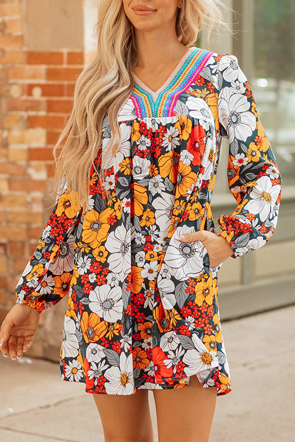 Floral-Print Striped Lace V-Neck Long-Sleeved Mini Dress