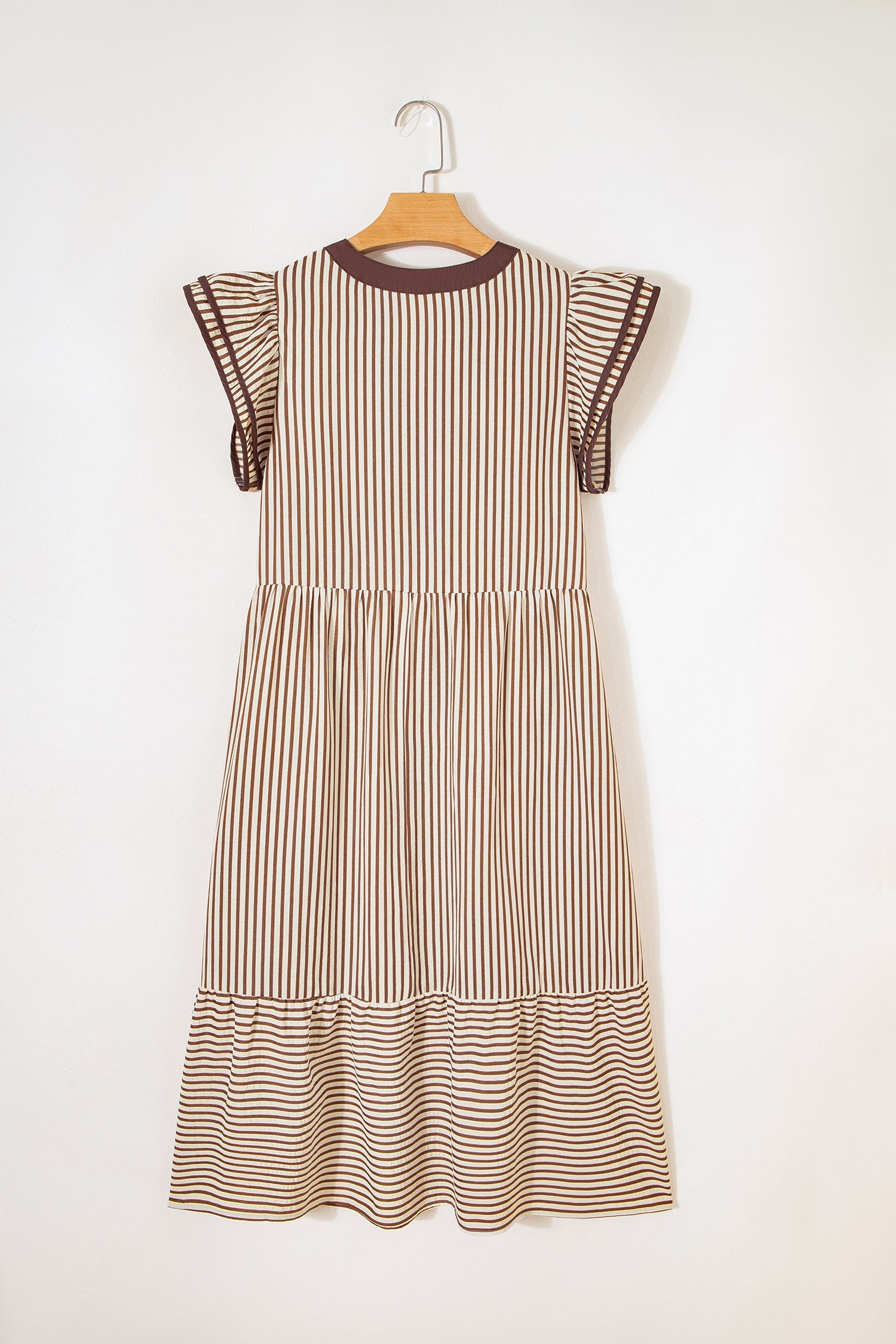 Double Ruffled Short-Sleeved Contrast Trim V-Neck Midi Dress