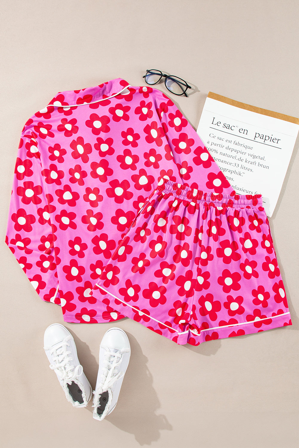 Long-Sleeved Flower Print Shirt Shorts Pajamas Set