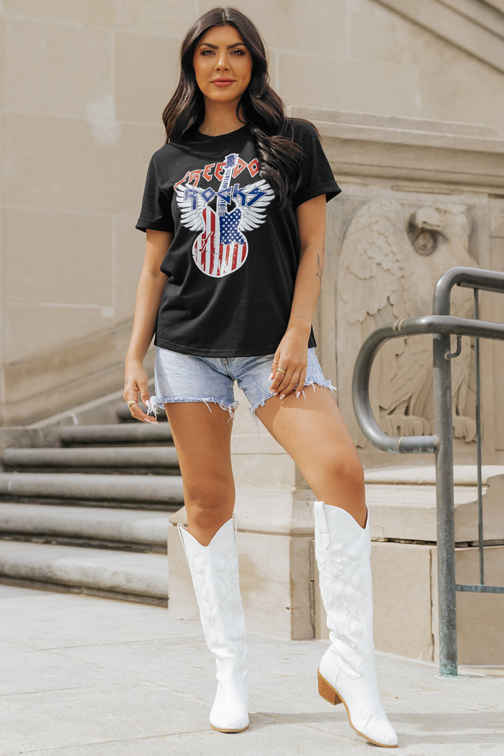 Tee for Women American Flag Guitar Print Crew Neck