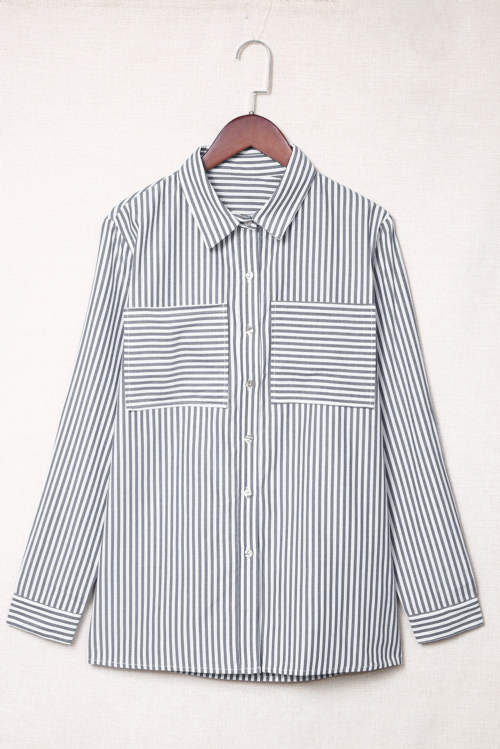 Shirt for Women Buttons Long-Sleeve Striped Pocket-Detail