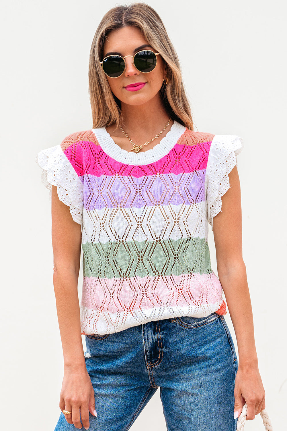 Colorblock Hollowed Knit Scallop Edge Sweater Vest