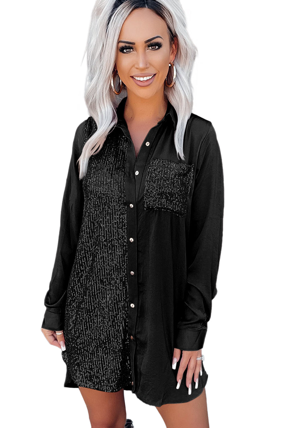 Women's Button-Front Splicing Pocket Shirt Dress
